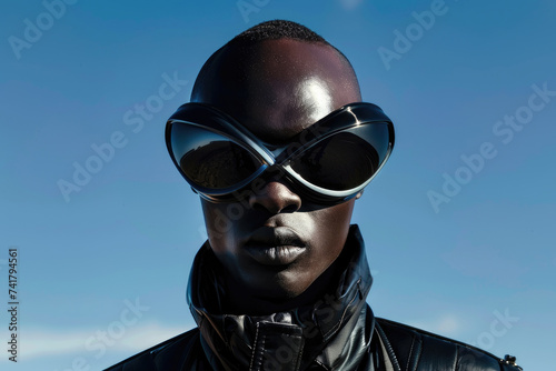 A cool man with a leather jacket and sunglasses stands outdoors, his face obscured by goggles, giving off an air of mystery and style