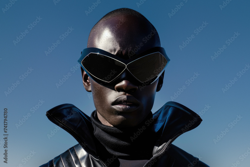 Fototapeta premium A stylish man, wearing a sleek black jacket and sunglasses, gazes up at the bright sky with cool confidence, his leather goggles adding a touch of intrigue to his outdoor look