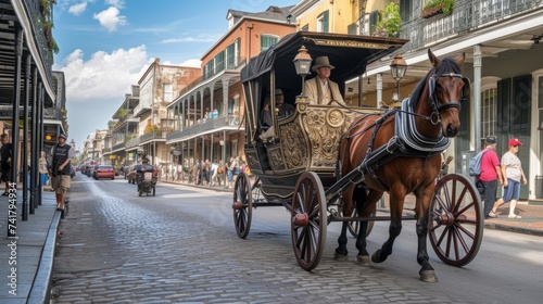 A horse-drawn carriage rides down a cobblestone street in the French Quarter of New Orleans