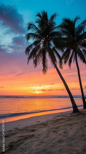 Palm trees on a tropical beach with a setting sun