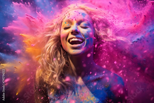 A woman with blonde hair and a smile enjoys bright compositions. Holi Powder