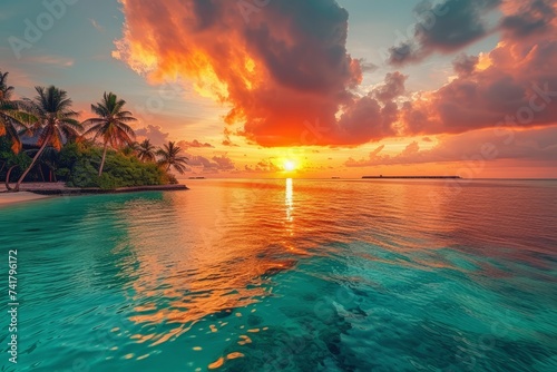 Beach sunset over water with palm trees on tropical island