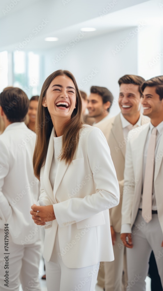 Group of young professionals in white suits networking and laughing at a business event Group of young professionals in white suits networking and laughing at a business event