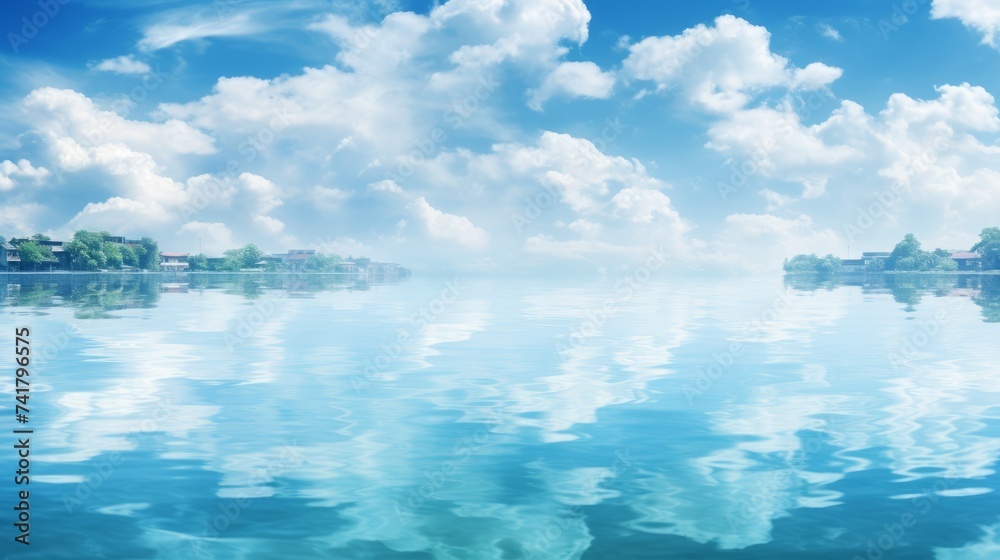 Blue sky and white clouds with lake reflection
