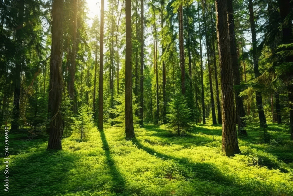 Fototapeta premium The sun shines through the green trees in the forest