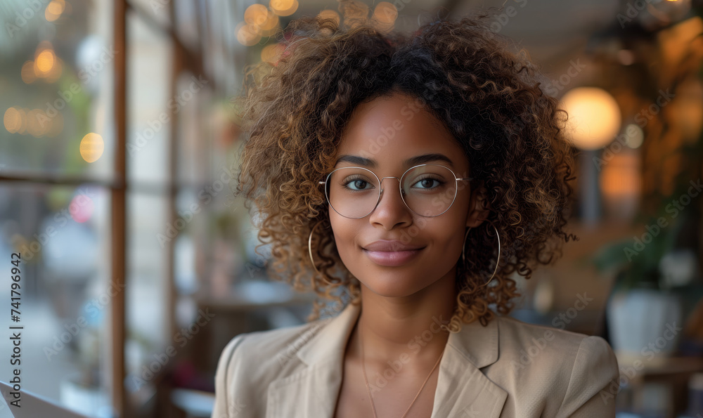Portrait of happy successful African American woman in suit and glasses standing in modern office