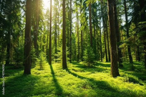The sun shines through the green trees in the forest