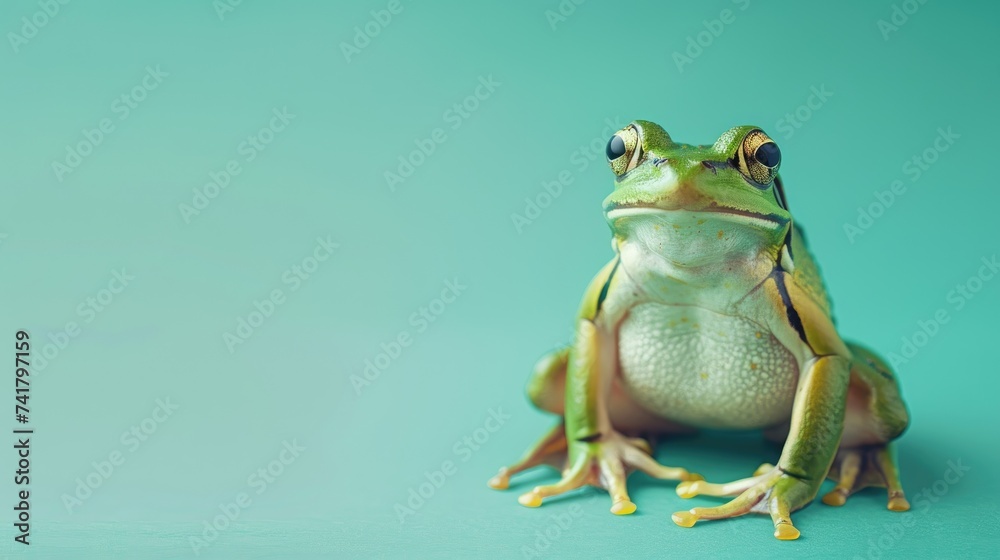 Green frog sitting isolated on green background with copy space for text Green frog sitting isolated on green background with copy space for text