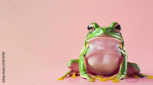Green frog standing on pastel pink background with copy space for text