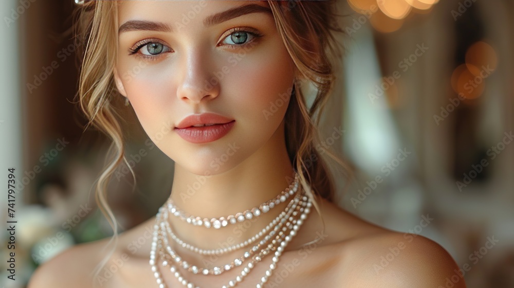 macro photo, gold jewelry with a diamond on the girl's neck, she touches it 