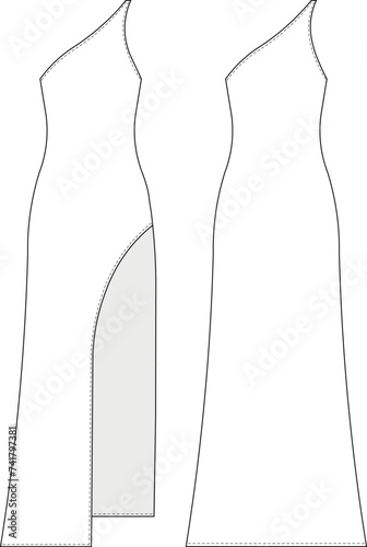 asymmetric neck one shoulder strap sleeveless slit long maxi bodycon dress gowntemplate technical drawing flat sketch cad mockup fashion woman design style model
