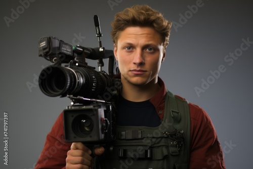 Young male filmmaker holding a professional video camera