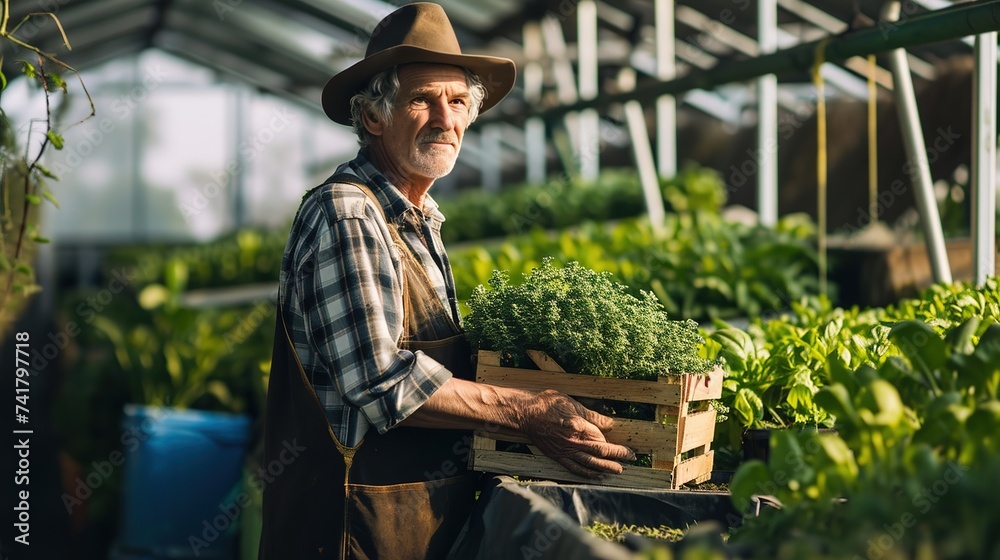 Senior man working in hydroponic farm holds a box full of green oak 