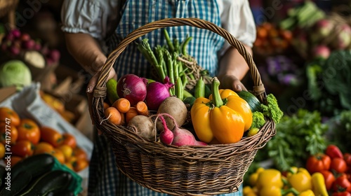 Unrecognizable vegetable store owner holding basket full of colorful season vegetable. Healthy lifestyle and farm shop concept. Vitamin and health food lifestyle people. Dieting weight loss Vegetarian