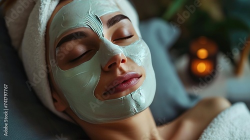 woman applying facial mask on her face while sitting on sofa at home. Close up portrait. Beauty skin care. Rejuvenation treatment 