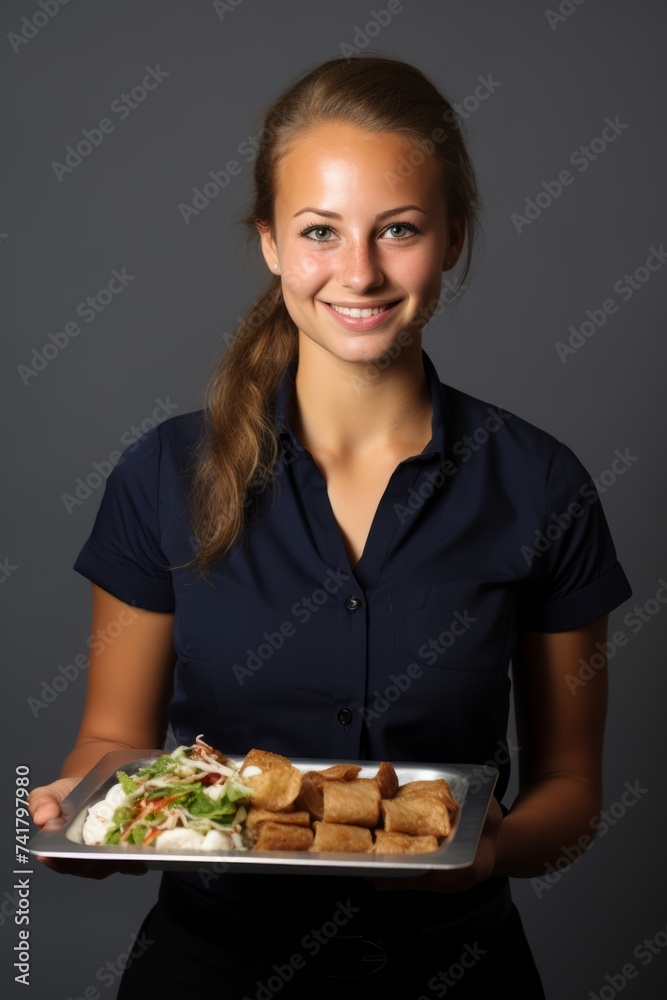 Portrait of a young waitress holding a tray of food