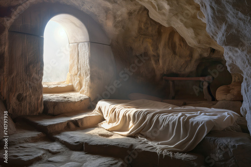 Tomb cave is empty as symbol of Christ Resurrection AI Generative