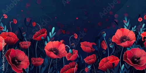 Peaceful red poppy flower field for anzac and memorial day banner with copy space on dark background