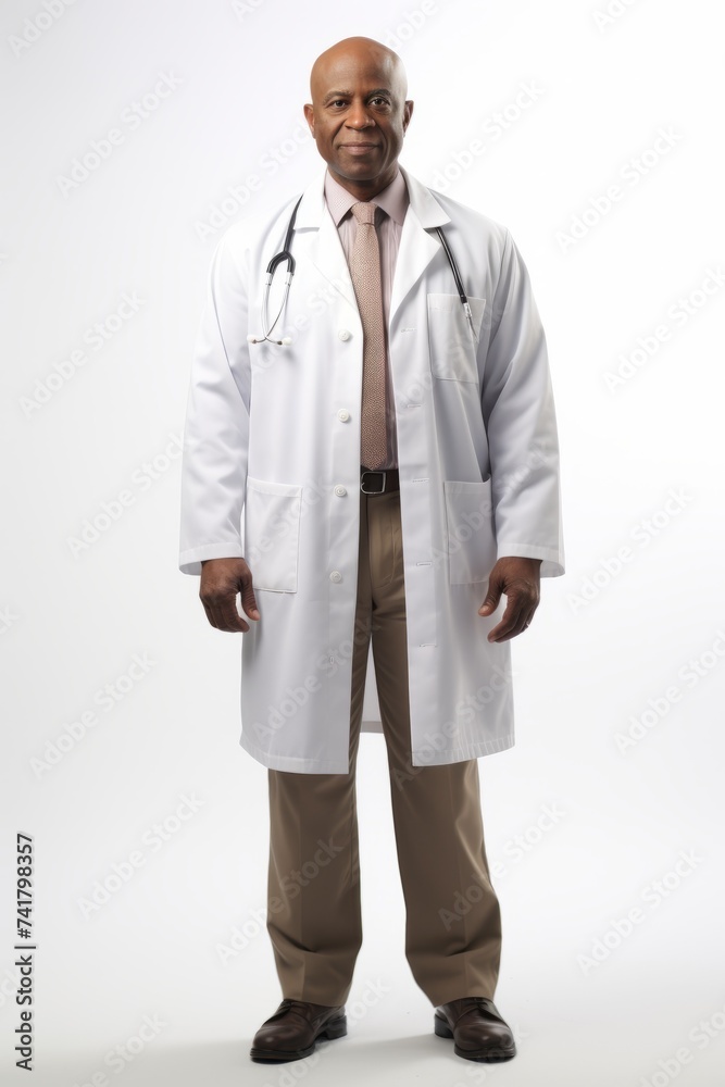 Black male doctor wearing white lab coat and stethoscope Black male doctor wearing white lab coat and stethoscope