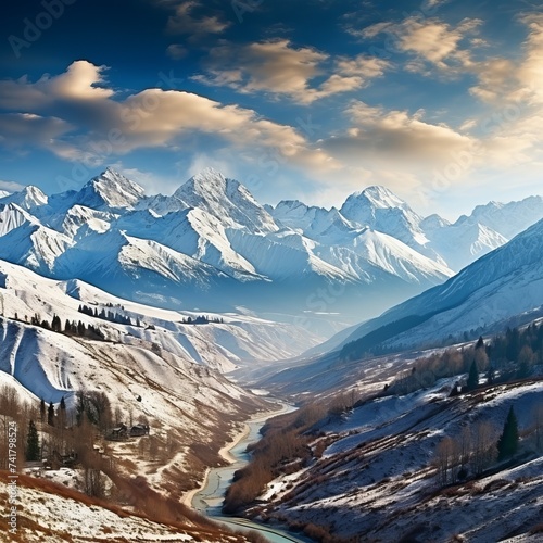 A beautiful winter landscape of snow capped mountains and a valley with a river running through it © Adobe Contributor