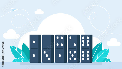 Standing dominoes. Domino effect, chain reaction and disaster business concept. Standing dominoes. Action and reaction to balance business, chain row, disaster strategy. Vector illustration