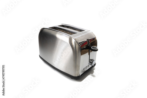 A stainless steel toaster with double long slot and wide slot, for all types of bread. Isolated on a white background.