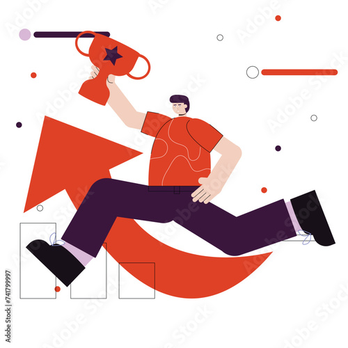 Illustration concept of a man holding a trophy, depicting the journey towards success