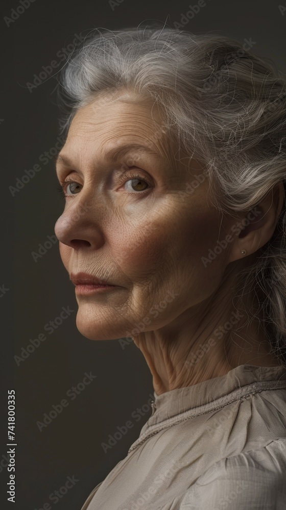 An older woman with white hair looking off to the side