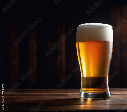 Cold beer in a glass, close up in a dark pub with dark background. Beer banner