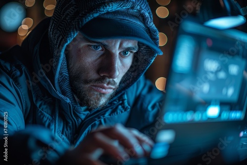 Cyber ataque creado por un chico con gorra que mira de frente una pantalla de ordenador desde el que realiza el trabajo. Tonos azules y baja luminosidad. photo