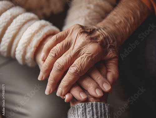 Cropped shot of caring women holding senior woman hands for hope and supporting. Elderly healthcare concept photo