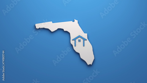 White Florida state silhouette with a house icon, set against a vibrant blue background, symbolizing local real estate market