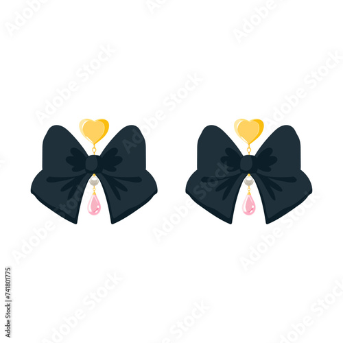 Gold dangle earring with golden heart, pearl and black bow. Modern Trendy Women Accessories jewelry Vector illustration
