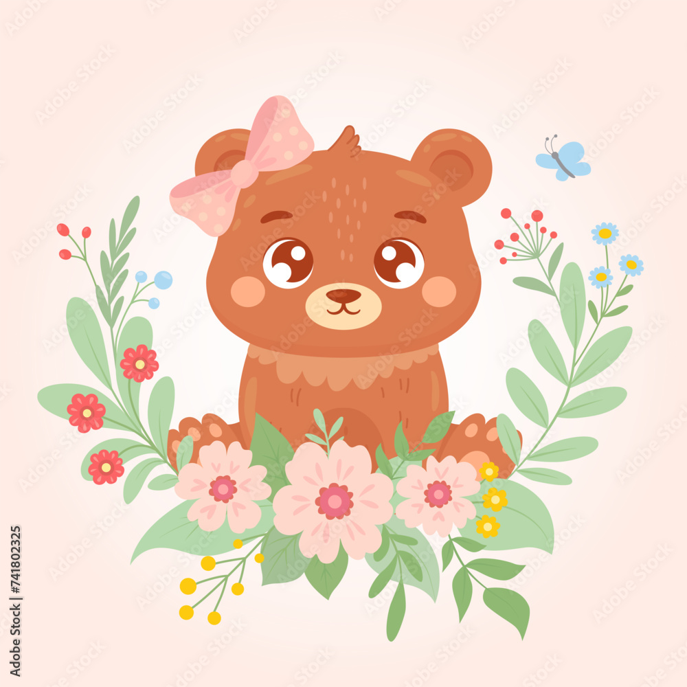 custom made wallpaper toronto digitalCute little bear with flower wreath and butterfly. Cartoon baby character for invitation, poster, sticker, print and greeting card. Vector illustration in hand drawn style.