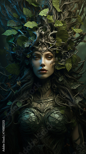 manifesting the ultra detailed visage of a furious dryad goddess Generative AI