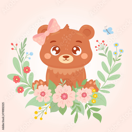 Cute little bear with flower wreath and butterfly. Cartoon baby character for invitation, poster, sticker, print and greeting card. Vector illustration in hand drawn style.