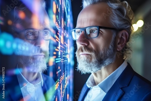 Mature businessman analyzing digital data on multiple screens, reflecting strategy and planning