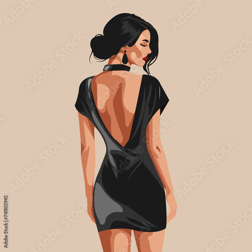 Vector fashion illustration of a beautiful sexy young woman of European appearance in a black backless dress made of eco-leather. Back view.
