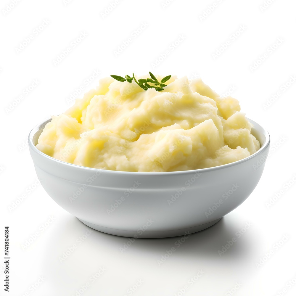 A bowl of creamy mashed potatoes garnished with fresh herbs on white background