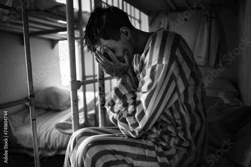 Despondent prisoner in striped uniform sitting on a bunk bed, covering his face with his hands in a dimly lit cell photo