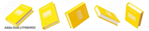 Close paper book with yellow hard cover flying in air in different angles of view. 3d render photo