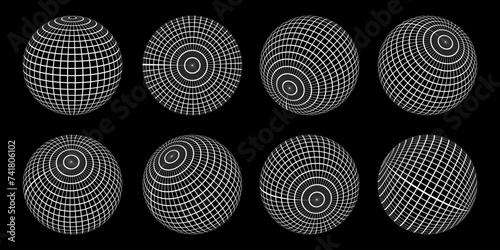 Globe mesh spheres collection. Striped 3D spheres, globe geometric mesh, Earth latitude and longitude vector symbol set. Spherical globe shape mesh. Striped globe illustration