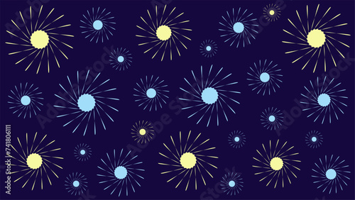 Dark blue background with fireworks that look like flowers in blue and yellow colors.