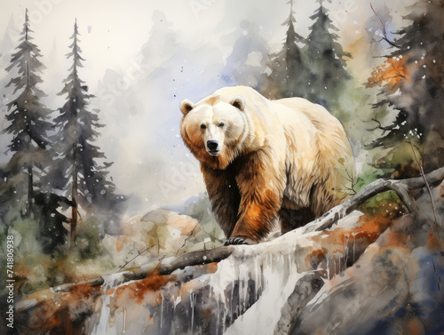 Watercolor white bear on the rock in the forest