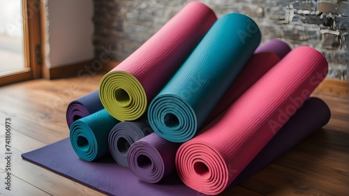A row of yoga mats of the highest caliber in a lively, welcoming exercise studio