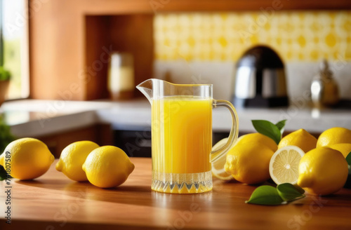 freshly squeezed lemon juice on a wooden table, a jug of citrus drink, refreshing summer lemonade, ripe lemons, bright kitchen, sunny day