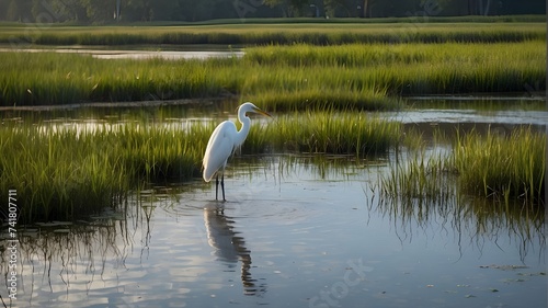 Calm egret strolling through a peaceful marsh photo