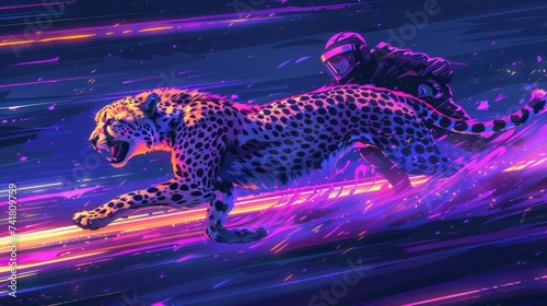 Jumping in excitement a game developer races with a cheetah in a digital realm at the stroke of midnight holding a game controller in pixel art style electric purple Cyberpunk era neon photo