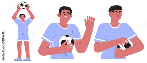 Vector illustration of boy in professional uniform playing football or soccer. Creative kid soccer, football club, game or friendly match illustration. Teenage or children soccer club or competition.