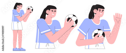 Vector illustration of girl in professional uniform playing football or soccer. Creative kid soccer, football club, game or friendly match illustration. Teenage or children soccer club or competition.
